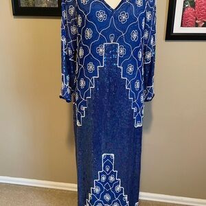 Vintage Elegant Blue Silk Sequin Maxi Dress, Size M, Fully Lined with 100% Rayon